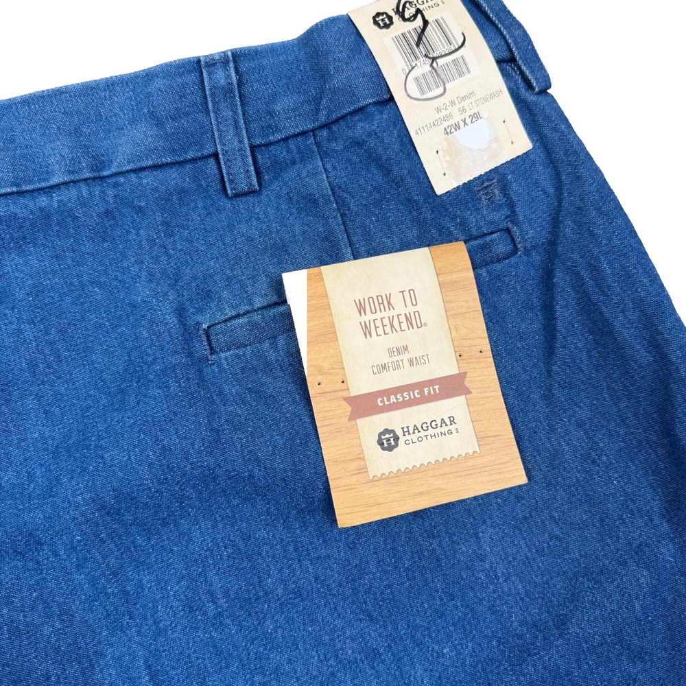 Haggar Work to Weekend Pants Mens 42x29 Blue Denim Pleated Classic Fit Jeans NWT
